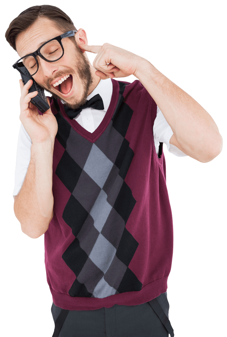 Geeky Hipster with Glasses Talking on Retro Transparent Cellphone