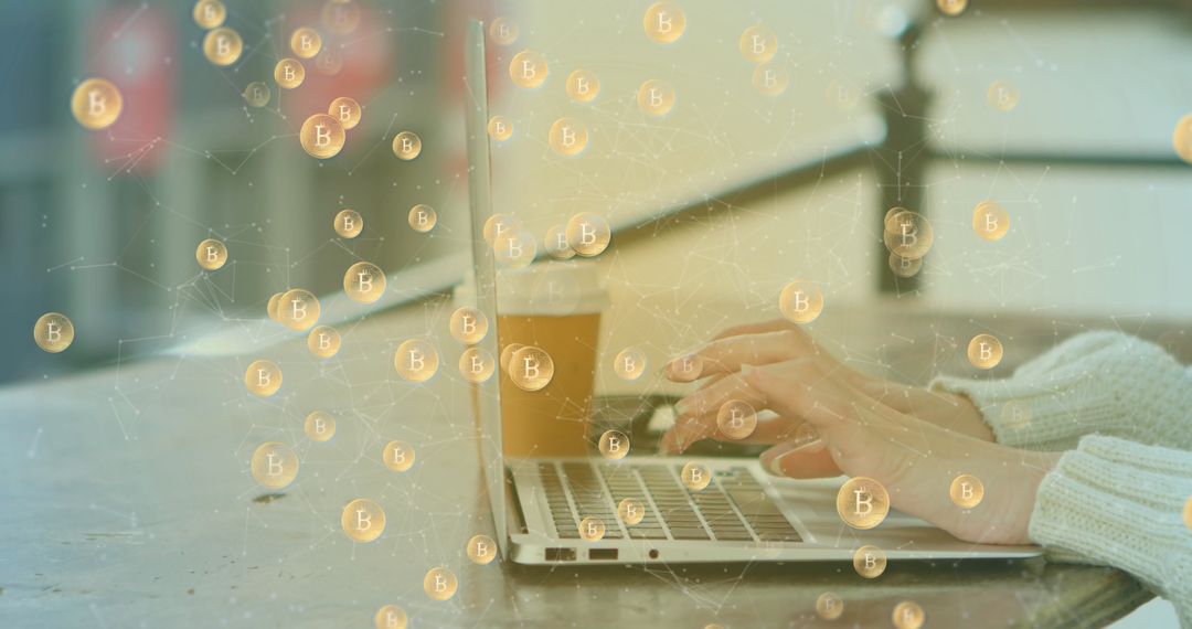 Caucasian Woman Using Laptop with Cryptocurrency Network Graphic