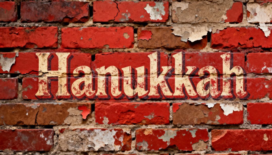 Hanukkah Brick Mural Weathering with Vintage Typography and Peeling Red Paint