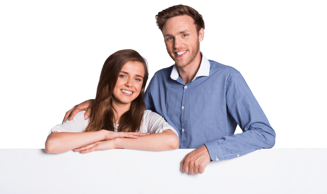 Smiling Couple Posing Behind Blank Transparent Board