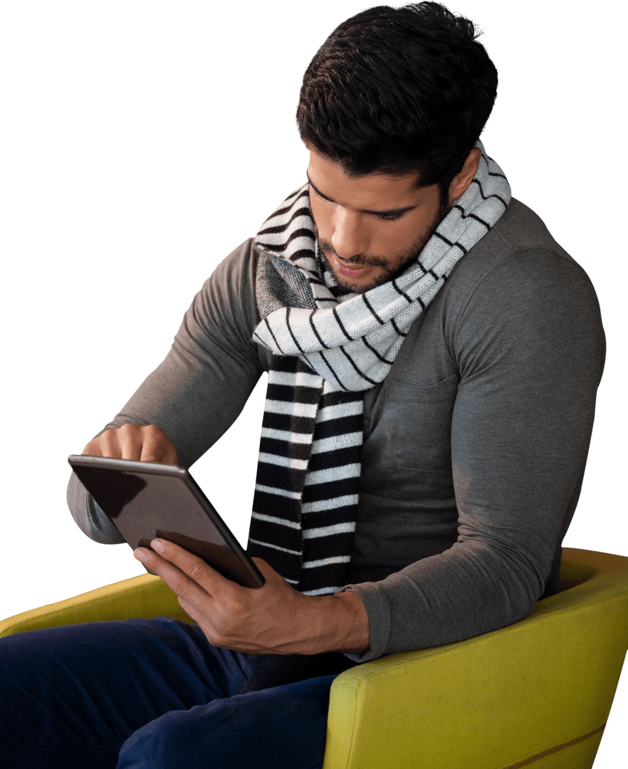 Sophisticated Man Using Tablet in Stylish Transparent Setting