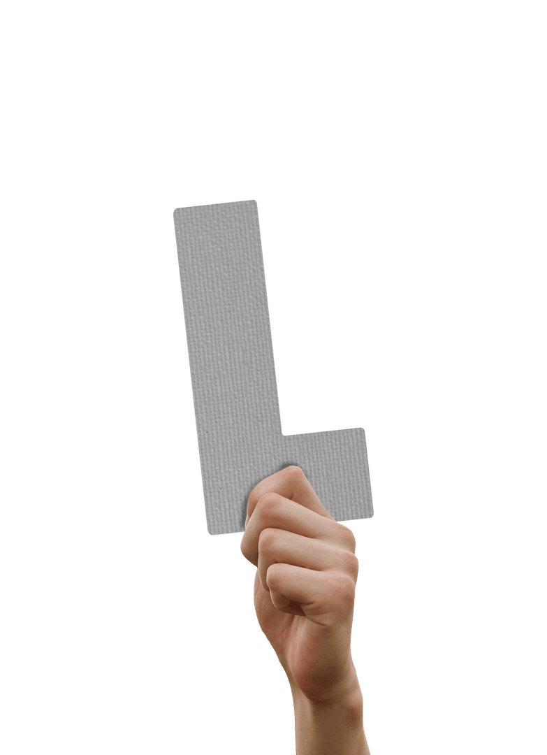 Hand Holding Transparent Gray L Sign Isolated on White