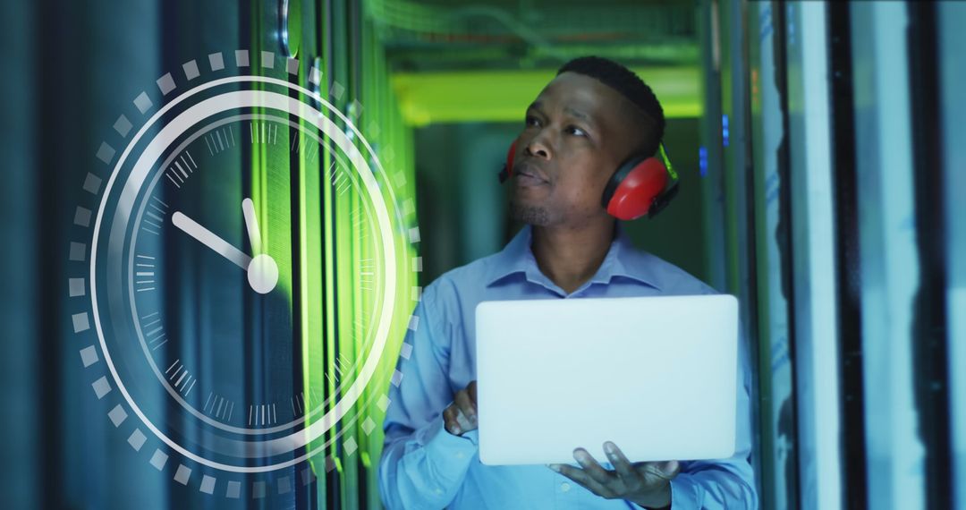 Tech Professional Analyzing Data Servers with Clock Overlay