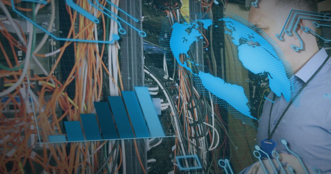Engineer Managing Server Room with AI Data Interface Overlay
