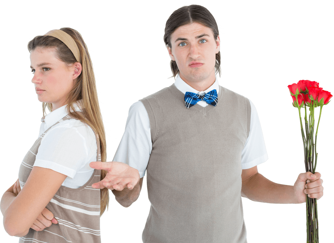 Transparent Angry Hipster Couple with Flowers and Gestures of Defeat