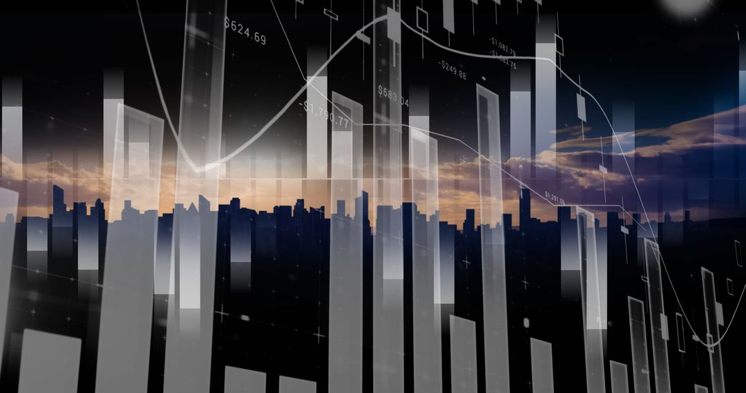 Financial Graphs and Data Charts Overlaying Urban Skyline