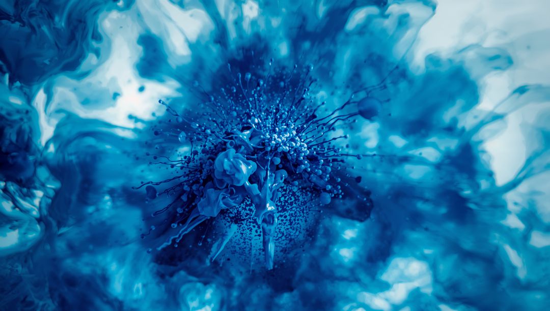 Dynamic Blue Liquid Explosion Surrounded by Splashes