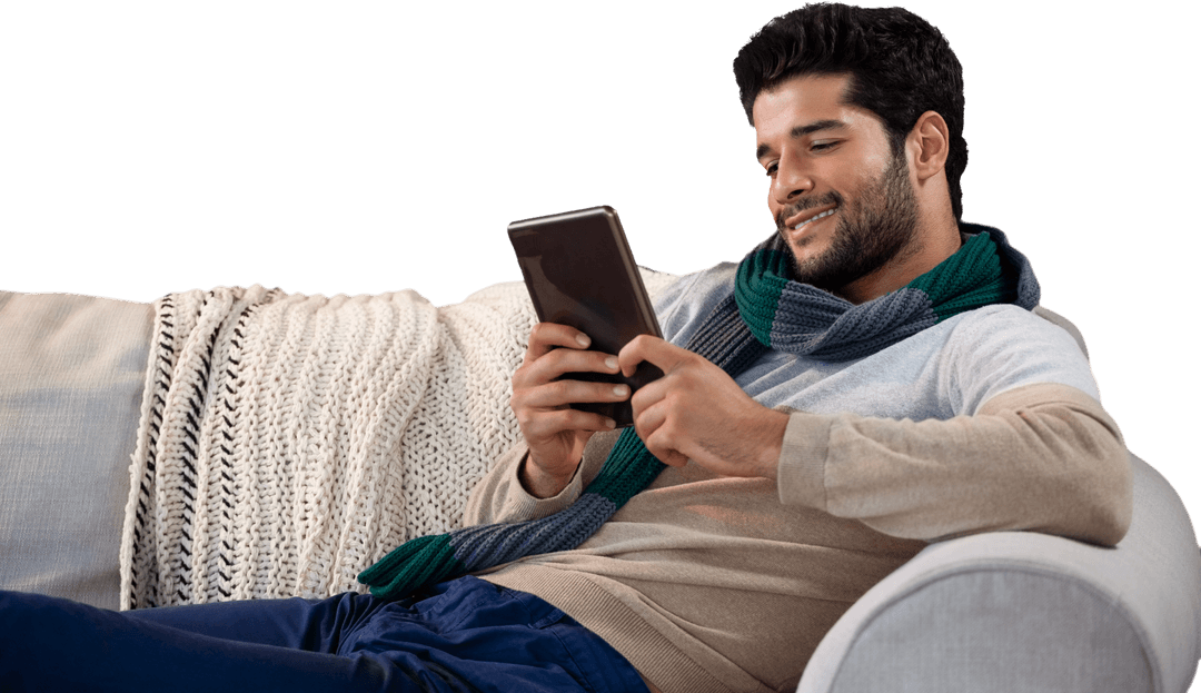 Transparent Background: Happy Man Using Tablet on Cozy Couch