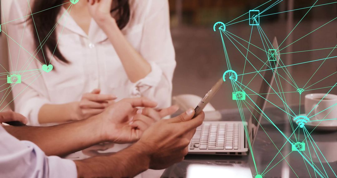 People Using Smartphone with Network Visualizations in Office Concept