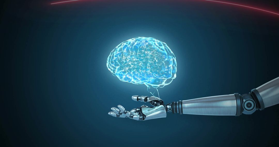 Glowing Brain Hovers Above Robot Hand with Digital Interface