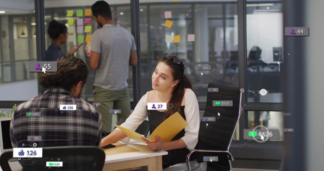 Diverse Team Collaborating in Office With Social Media Overlay
