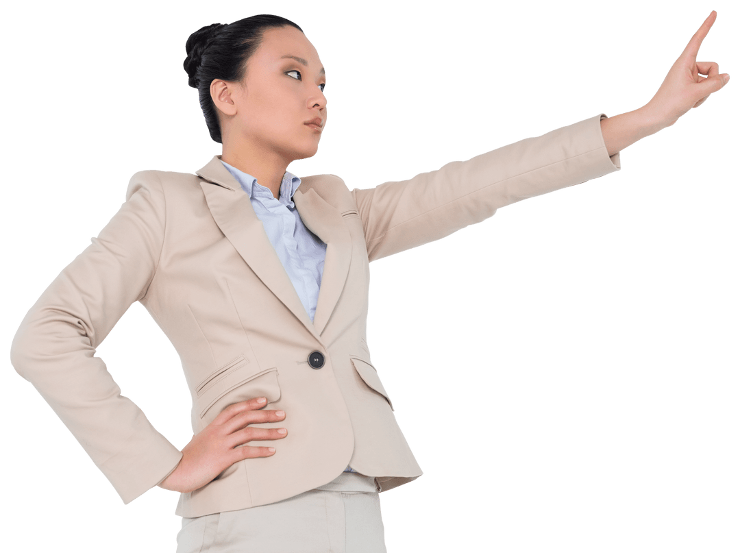 Confident Asian Businesswoman Touching Virtual Screen on Transparent Background