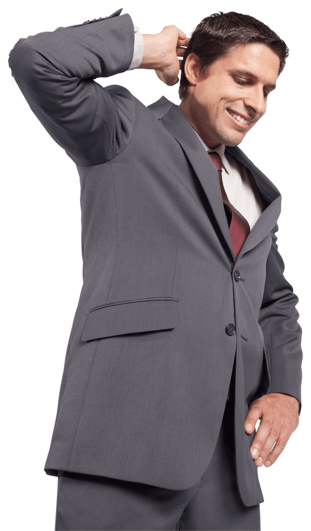 Embarrassed Caucasian Businessman in Gray Suit on Transparent Background