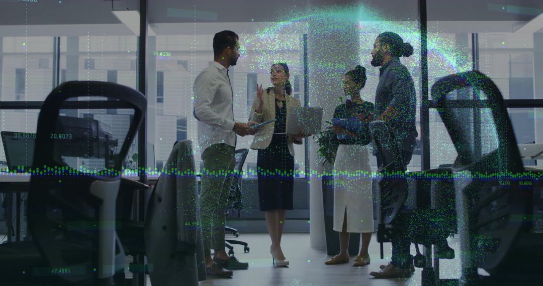 Professionals Analyzing Data with Technology Overlay in Modern Office