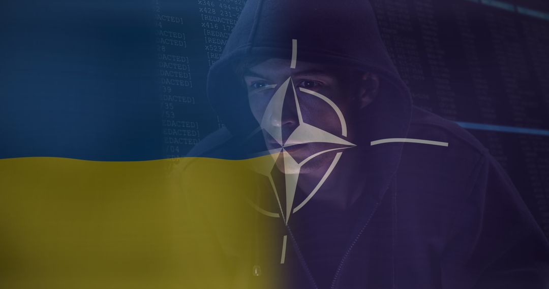 Hacker Symbolizing CyberThreat Overlapping Ukrainian Flag and NATO Emblem