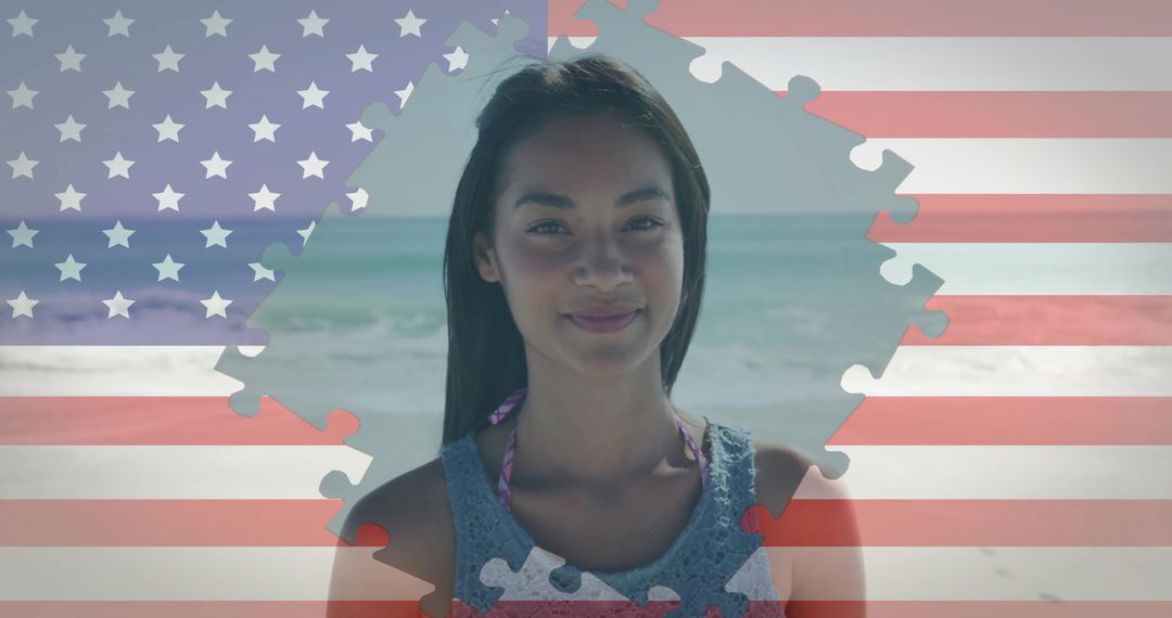 Summer Beach Scene with Patriotic US Flag Overlay