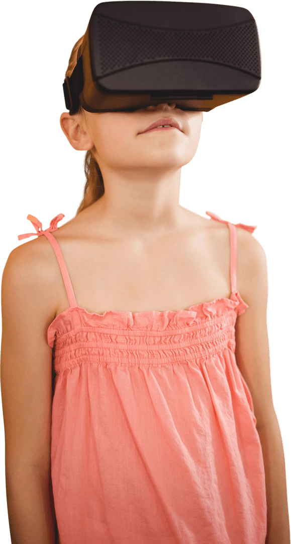 Smiling Caucasian Girl Using VR Glasses on Transparent Background