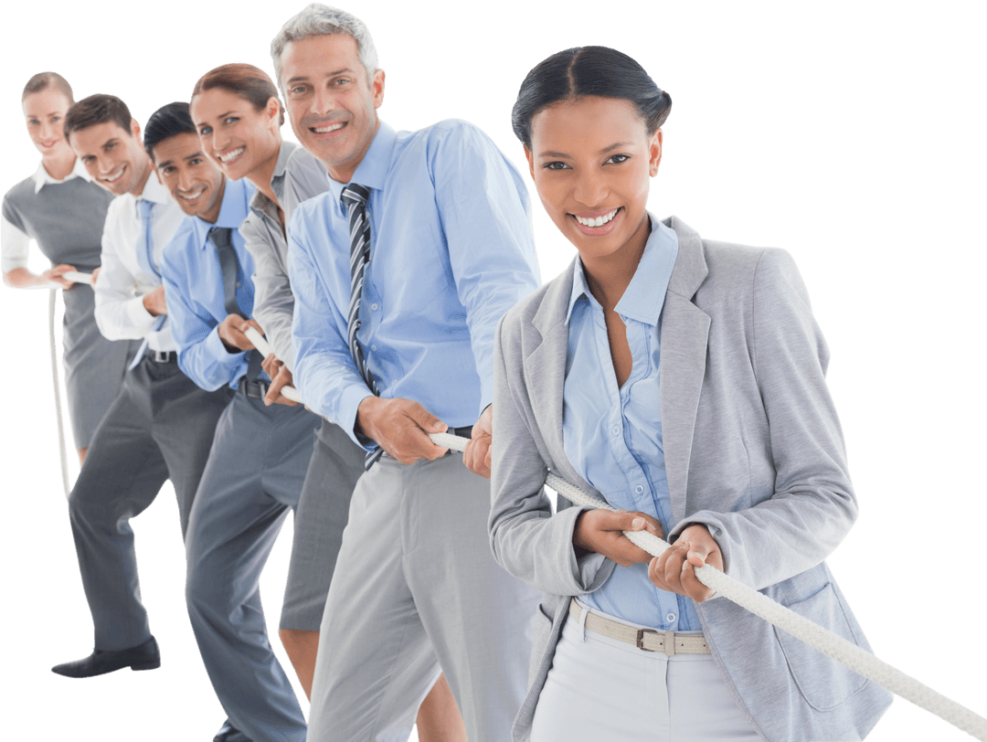 Transparent Team Unity Tug of War with Happy Business Team