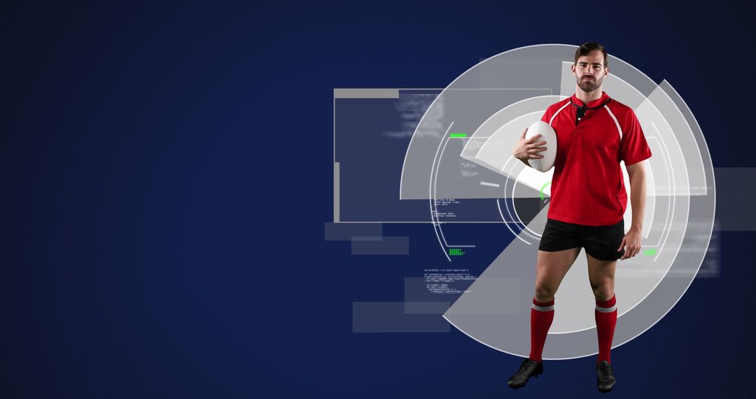 Caucasian Male Rugby Player Holding Ball with Digital Interface Background