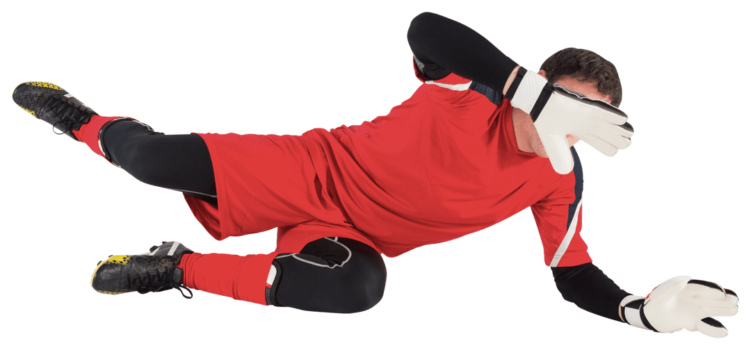 Dynamic Goalkeeper Diving with Red Sportswear on Transparent Background
