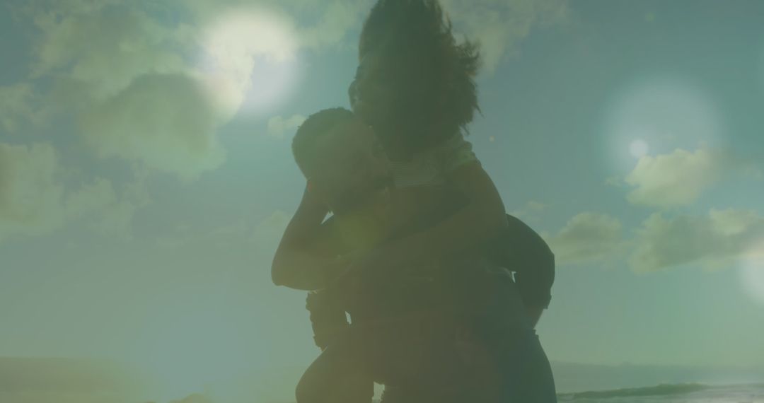 Joyful Couple Enjoying Beach with Digital Light Effects