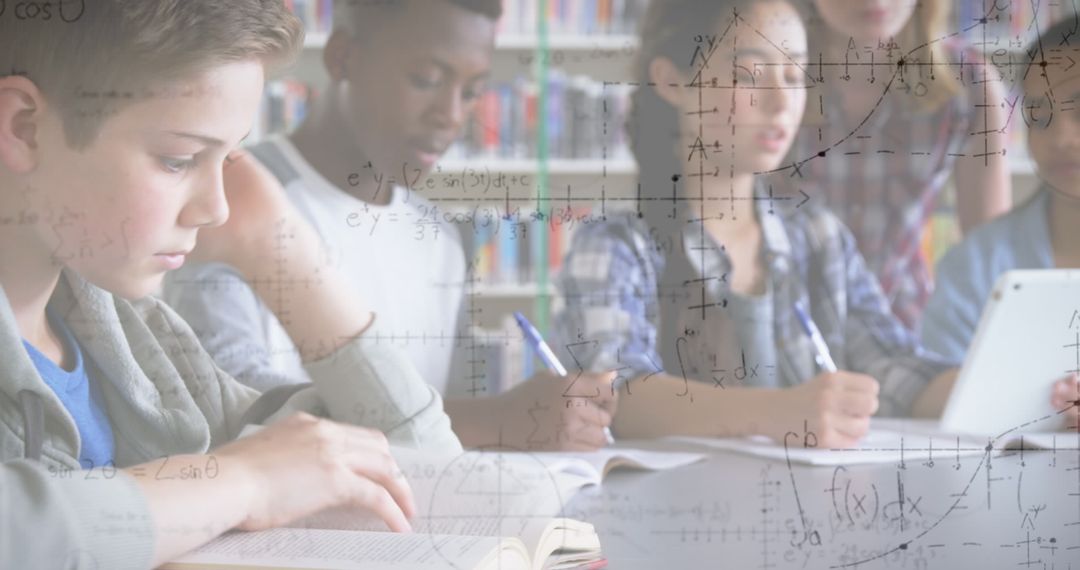 Children Studying with Technology and Overlaid Math Equations
