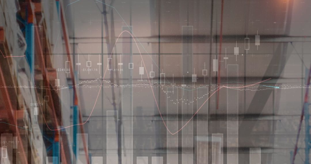Data Analytics Visualization over Industrial Warehouse Background