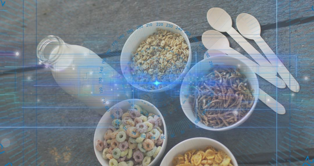 Top-down breakfast cereal assortment with milk bottle and spoons showing digital overlay