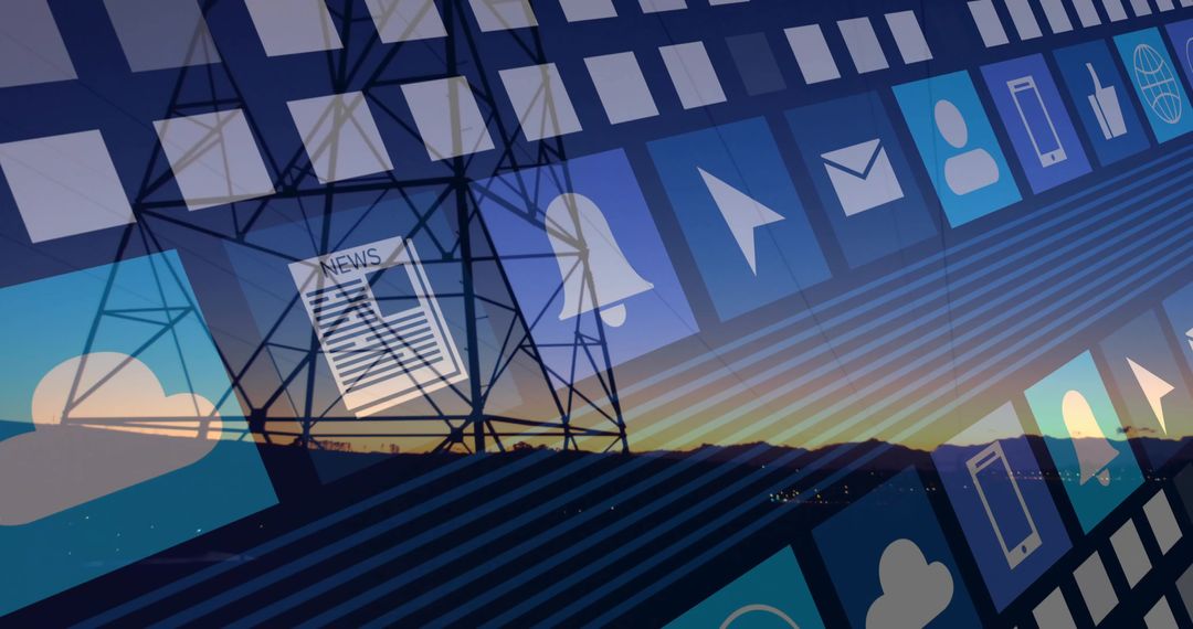 Digital Network Overlay over Sunset Ridge with Floating App Icons and Transmission Tower Layered