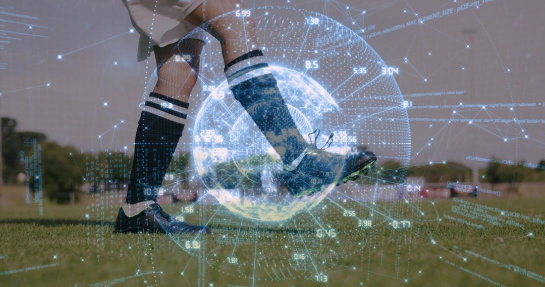 Female Soccer Player Kicking Ball with Holographic Data Globe for Performance Analytics
