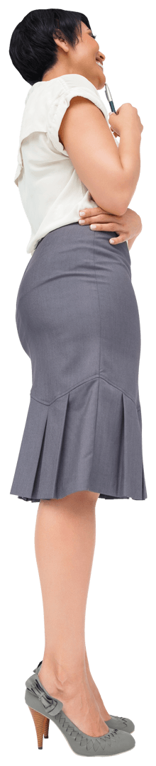 Pensive Businesswoman Smiling with Pen Transparent Background