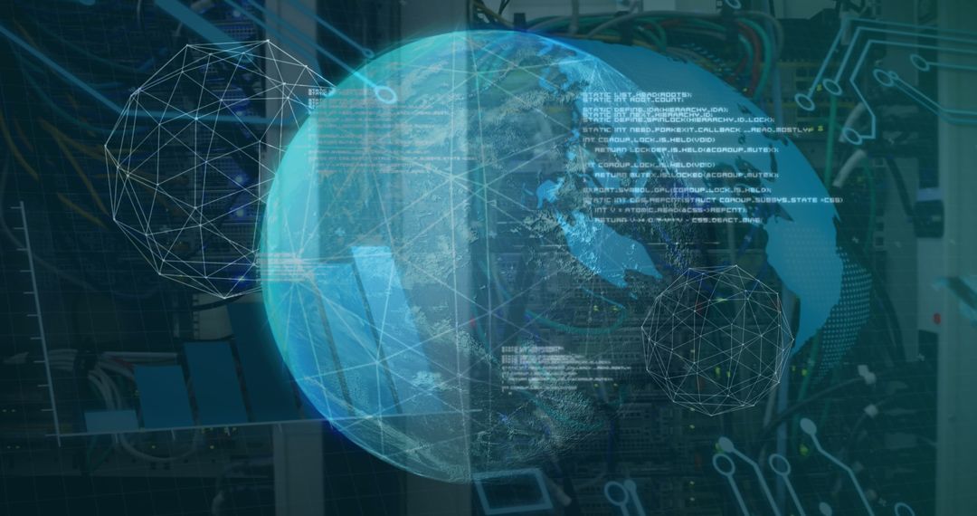 Digital Earth Hologram Above Data Center Racks Symbolizing Global Connectivity