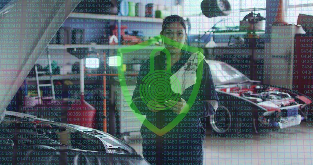 Female Mechanic Using Tablet with Digital Security Overlay