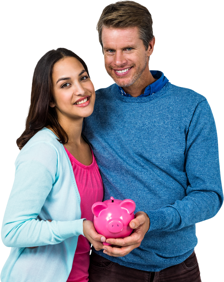 Smiling Transparent Couple Holding a Pink Piggy Bank Emphasizing Savings - Download Free Stock Images Pikwizard.com