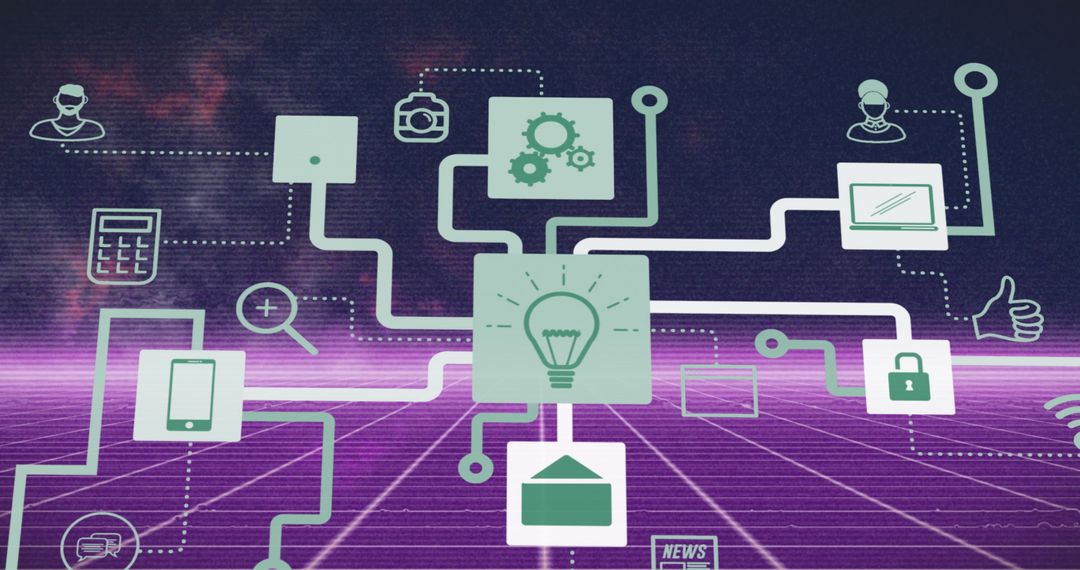 Digital Network Diagram with Technology Icons and Data Grid