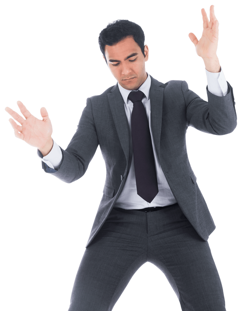 Transparent Businessman Gesturing Hands Upward