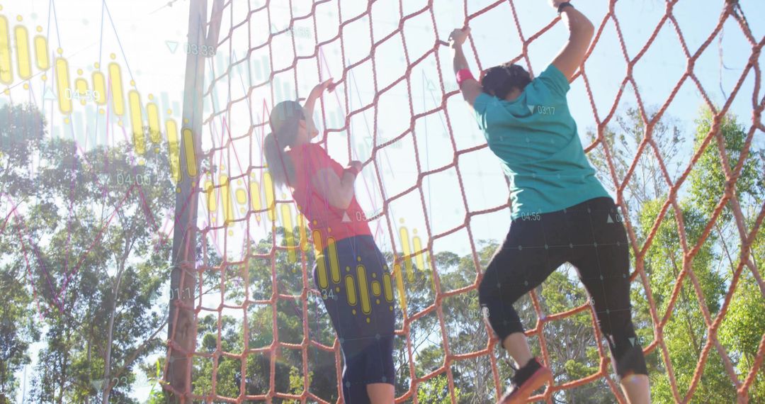 Women Conquering Obstacle Course with Data Visualization Overlay