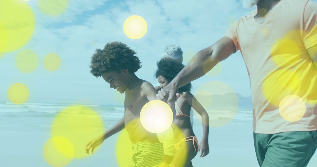 Happy Family Strolling on Beach with Bright Light Flares