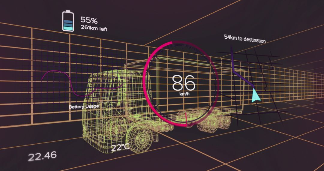 Futuristic Wireframe Truck with Digital Speedometer and Battery Display