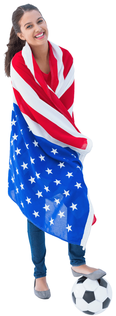 Smiling Woman With US Flag Draped Holding Soccer Ball Transparent