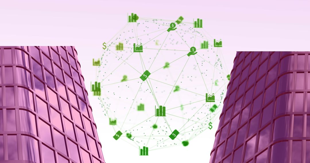 Digital Network Icons Over Futuristic Cityscape Background