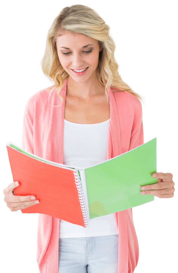 Transparent Background Smiling Woman Studying Notebooks