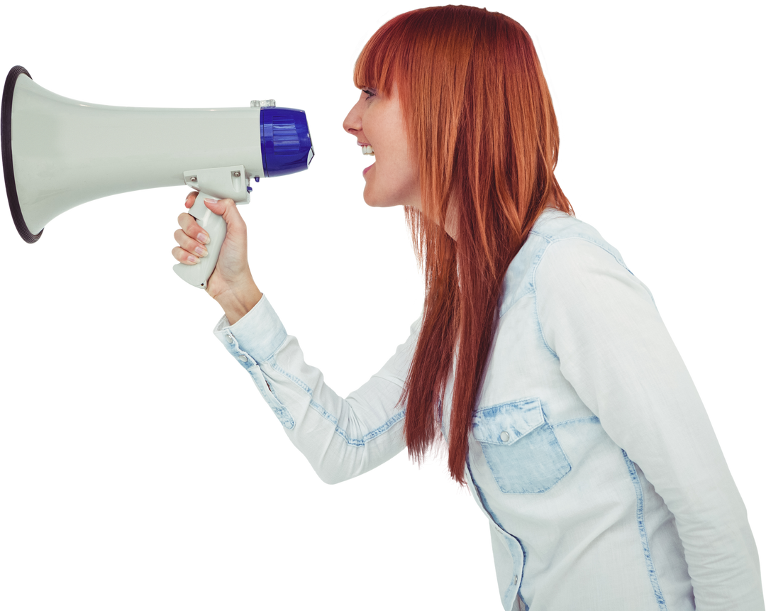 Transparent Side View of Redhead Woman Shouting Through Megaphone - Download Free Stock Images Pikwizard.com