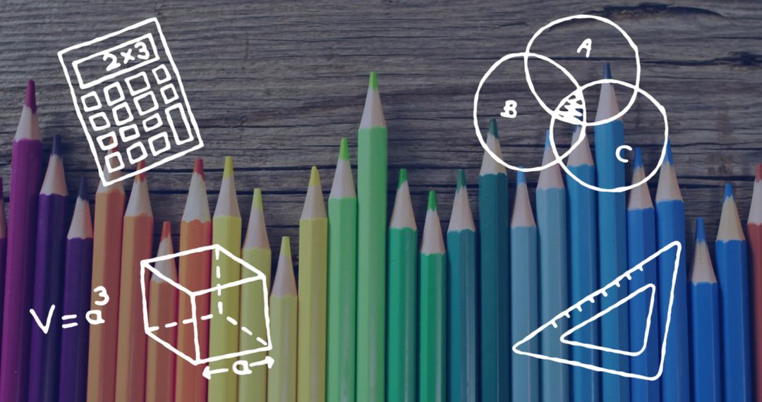 Rainbow Pencils with Math Doodles on Wood Background
