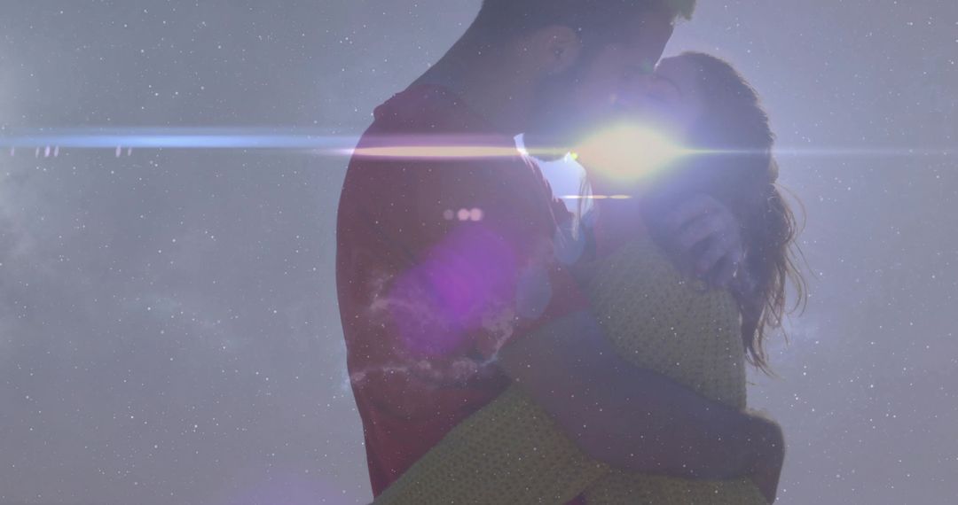 Couple Embracing at Sunset with Sun Flare and Twilight Background