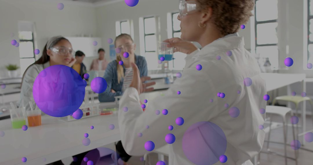 STEM instructor demonstrating chemistry experiment with augmented reality molecular overlay