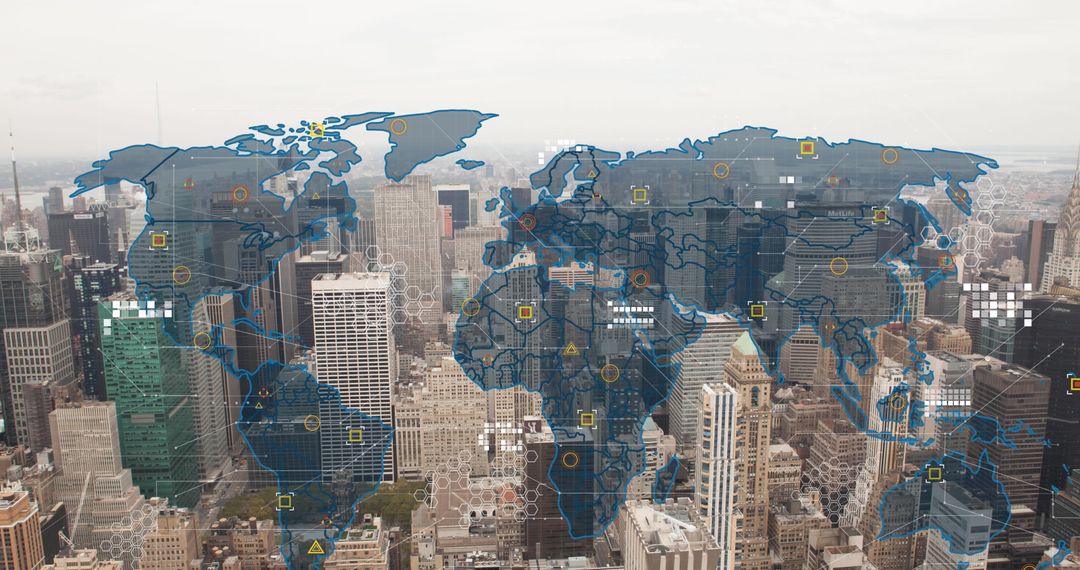 City Skyline with Digital World Map Highlighting Global Connectivity