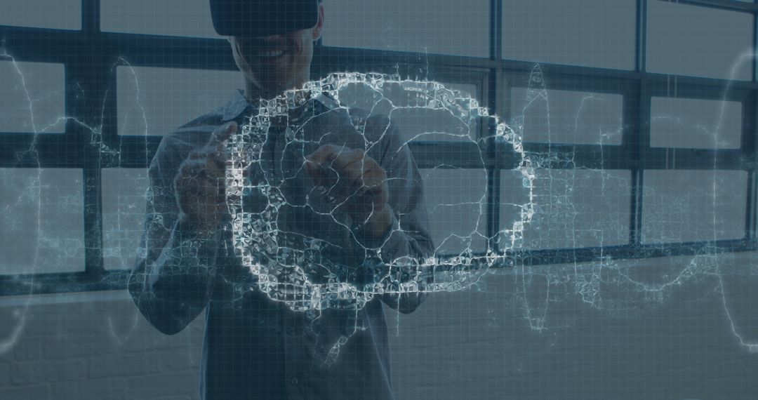 Businessman Experiencing Virtual Reality Brain Data Visualization