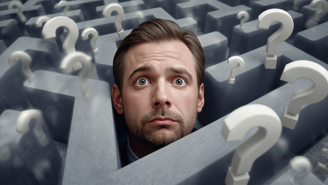 Businessman Navigating through 3D Maze with Floating Question Marks
