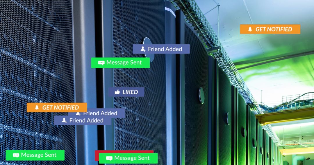 Social Media Icons Overlay on Data Center Servers